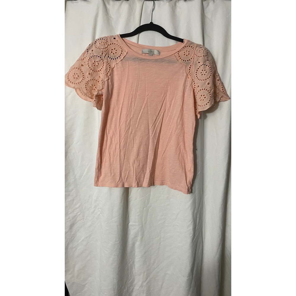LOFT Petites Peach Pink Eyelet Lace Puff Sleeve Cotton Knit Top XSP